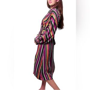 Women’s Long Sleeves Burgundy Striped Button Down Dress w/ Belt Ties In Back